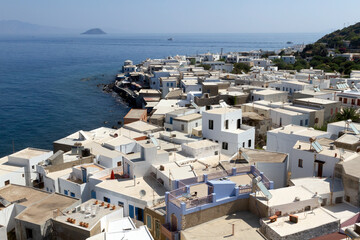 Morning panoramic view of Mandraki village, a beautiful, traditional village, capital of Nisyros island, in Dodecanese islands, Greece, Europe.