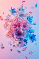 A vibrant spectacle of dahlias and daisies floating, enhanced by a lively gradient background