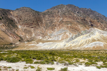 Partial view of the volcano crater in Nisyros island. Nisyros is made by a volcanic eruption and...