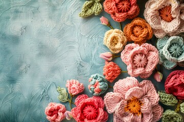 Crochet Flower Background, Handmade Knitting Design, Hobby Illustration, Generative Ai Illustration