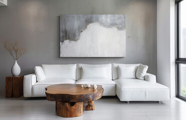 Fototapeta na wymiar Uma linda sala com sofá branco, mesa em madeira ao fundo uma parede cinza com um quadro moderno
