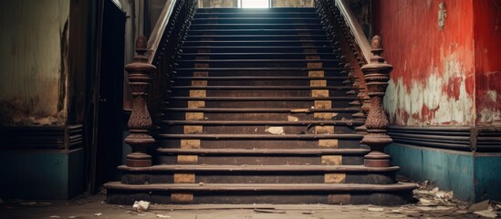 The hardwood stairs with a handrail lead up to an old red wall in the abandoned building, adding a...