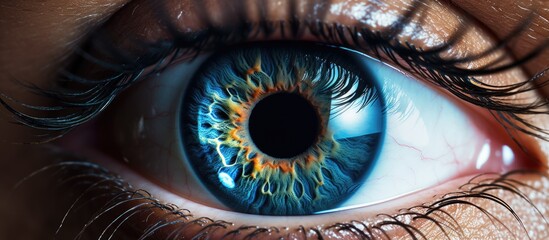A closeup art piece capturing a womans brown eye with long eyelashes, featuring an electric blue...