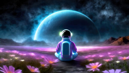Astronaut sitting in in a field of flowers on a different planet.