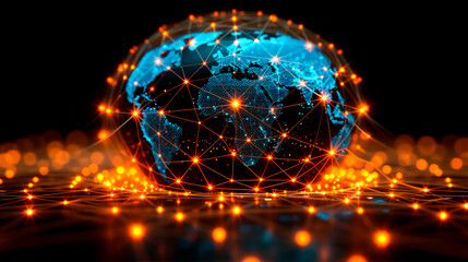 3D globe with a digital network mesh illustrates global connectivity and internet infrastructure. Digital Network Globe with Global Connectivity Nodes