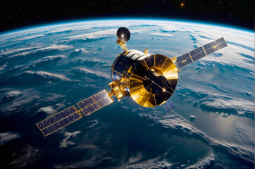 A satellite is flying through space above the Earth. The satellite is yellow and has a gold antenna. The satellite is in the middle of the sky and is surrounded by clouds