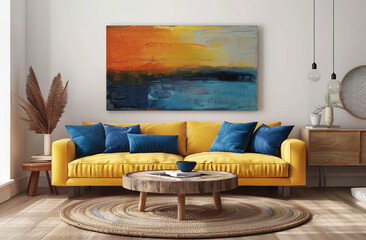 Sofá azul com almofadas amarelas, uma linda sala com decoração em madeira, estilo praia, pousada