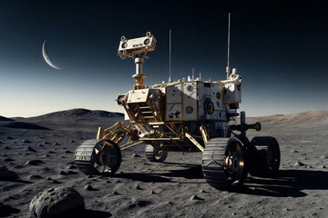 Lunokhod stands on the moon against the backdrop of starry space