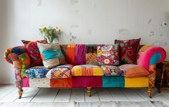 Sof&aacute; colorido estilo Patchwork  com parede de estuque ao fundo. Design de interiores ecl&eacute;tico e marroquino de sala de estar moderna