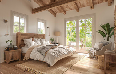 Design de interiores de fazenda, quarto moderno com piso de madeira.