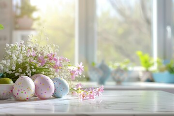 Easter Eggs with Spring Flowers Still Life on Kitchen Window Background with Copy Space
