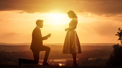 Fototapeta na wymiar Marriage proposal. Male offers ring to female at sunset