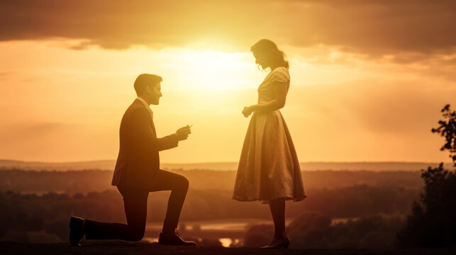 Marriage proposal. Male offers ring to female at sunset