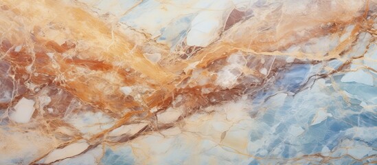 Fototapeta premium Closeup of a marble texture resembling a painted landscape with water, trees, rocks, and grass. The pattern resembles an artistic soil painting in visual arts