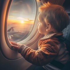 Fototapeta na wymiar Happy Kid Looks at Airplane Window, Young Child in Aircraft, Air Flight, Family Travel by Plane
