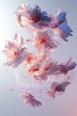 Delicate hibiscus flowers and petals floating softly, creating a light and airy feel on a muted background