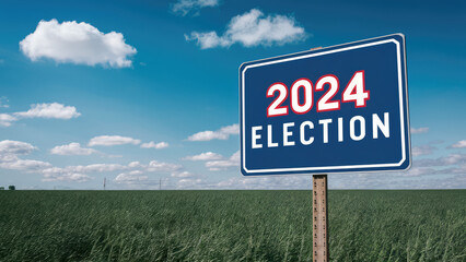 American elections concept. 2024 election sign over green field with blue sky with copy space