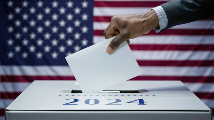 African American hand wearing suit placing vote in ballot box with 2024 text for 2024 american presidential election with american flag in the background