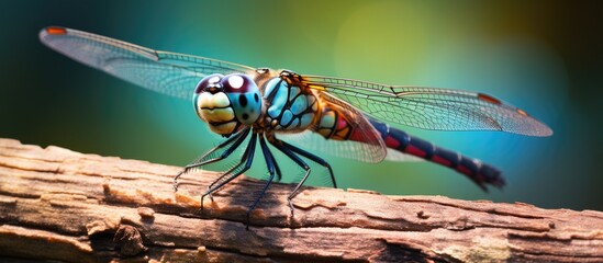 A beautiful dragonfly, a type of arthropod and insect with membrane wings, rests gracefully on a piece of wood near the water. A perfect subject for macro photography in the peaceful landscape