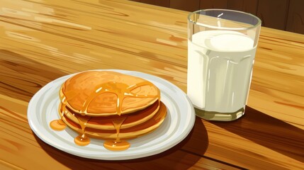 a stack of pancakes sitting on top of a white plate next to a glass of milk on a wooden table.