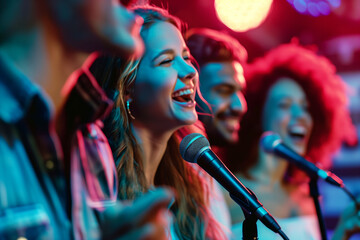 Happy Friends Singing Karaoke in Club Together - obrazy, fototapety, plakaty