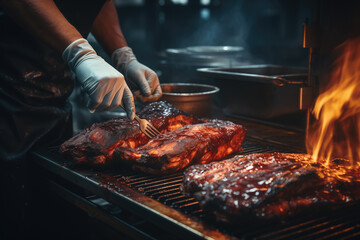 Grill restaurant kitchen. close up A chef in black cooking gloves uses a knife to cut smoked pork...