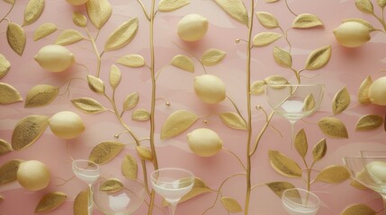 a close up of a wall with gold leaves and wine glasses and a wine glass on the side of the wall.