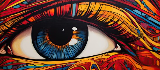 A detailed closeup of a vibrant painting illustrating a womans eye, showcasing the intricacies of eyelashes, eyebrow, iris, and eyeliner in dazzling electric blue hues