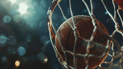 Basketball caught in net with blurred lights - A dynamic image of a basketball caught mid-swoop in the net, set against a background of blurred light effects - obrazy, fototapety, plakaty