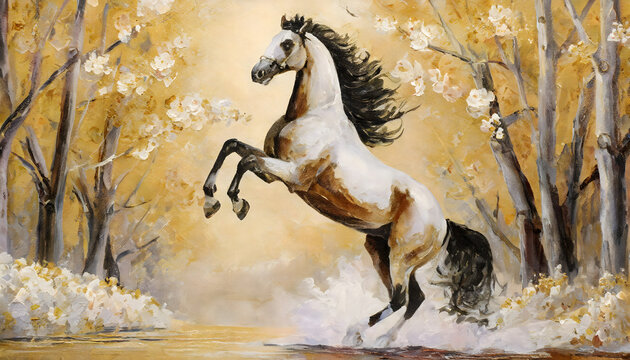 the horse rears up oil paint illustrator, horse old background