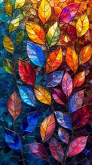 A vibrant collection of autumn leaves depicted in a stained glass art style, with a mosaic of rich, warm colors.