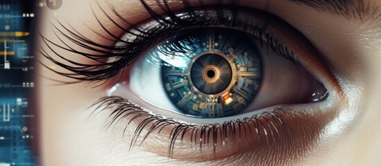 A closeup of a womans electric blue iris with a clock reflecting in it, surrounded by long...
