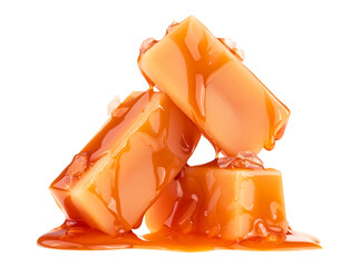 Delicious caramel candies with liquid caramel sauce and sea salt isolated on a white background - 761805187