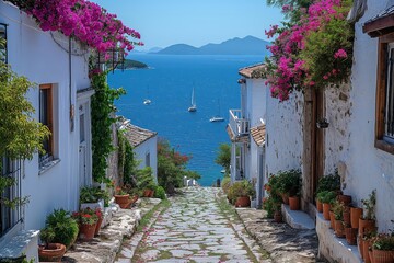 Tranquil Seaside Stroll Through a Blossomed Mediterranean Path