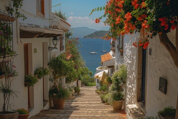 Fototapeta na wymiar Idyllic Mediterranean Alleyway: A Path Lined with Flowers and Sea Views