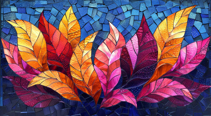 A vibrant collection of autumn leaves depicted in a stained glass art style, with a mosaic of rich, warm colors.