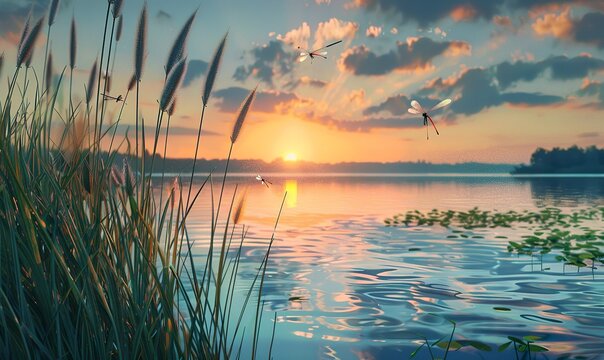 lakeside dense reeds, dragonflies dance over the water in the summer sunset