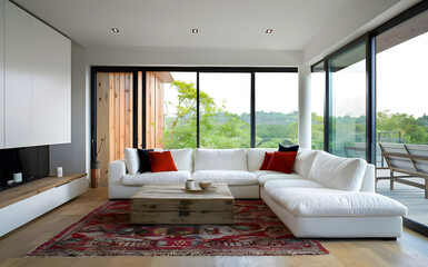 Minimalist style home interior design of modern living room. White corner sofa and rustic wooden coffee table against floor to ceiling window.