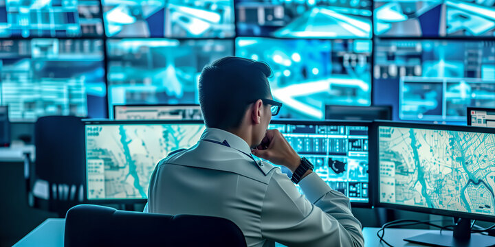 A security guard is monitoring a video surveillance system. Security CCTV cameras and guard monitoring screen secure protection system. Safeguard monitoring security cameras.