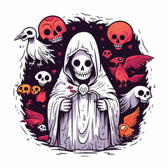 Grim reaper and funny monsters doodle cartoon