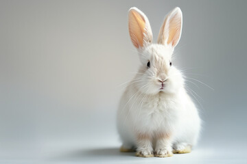 white rabbit with erect ears sits on a soft gray background.