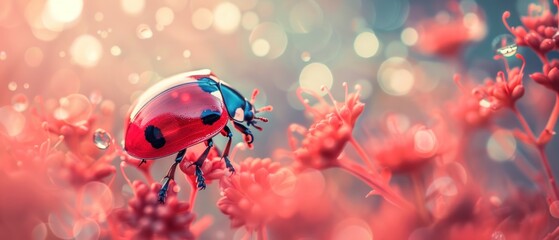 a ladybug sitting on top of a pink flower with drops of water on it's back legs.