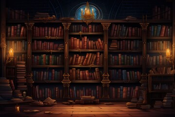 illustration of bookshelves background with stacks of books - obrazy, fototapety, plakaty