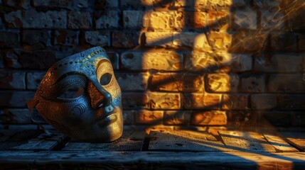 A carnival mask lies on a old wooden table, against the background of a brick wall. Banner.