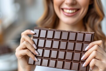 unrecognizable woman showing chocolate bar in her hands