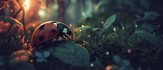 a ladybug sitting on top of a green leafy plant in the middle of a forest at sunset.