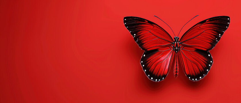 a red butterfly with black spots on it's wings and a black and white stripe on it's wings.