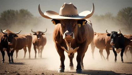 Foto op Aluminium A Bull With A Cowboy Hat On Its Head © Rehana