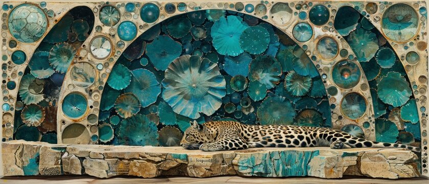 a painting of a leopard laying on a rock in front of a blue and green wall with flowers on it.