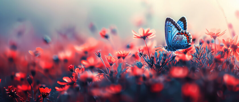 A Blue Butterfly Sitting On Top Of A Lush Green Field Filled With Red And White Flowers On Top Of A Lush Green Field.